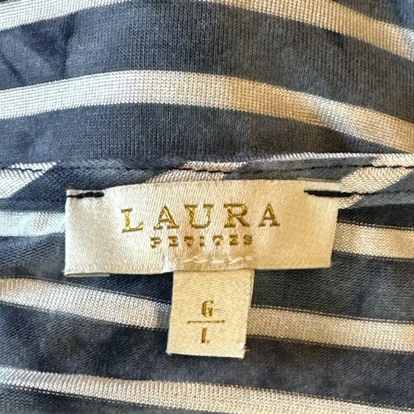 Laura Petite stretch indigo striped top, shoulder cut outs, bound neck line - Picture 6 of 7